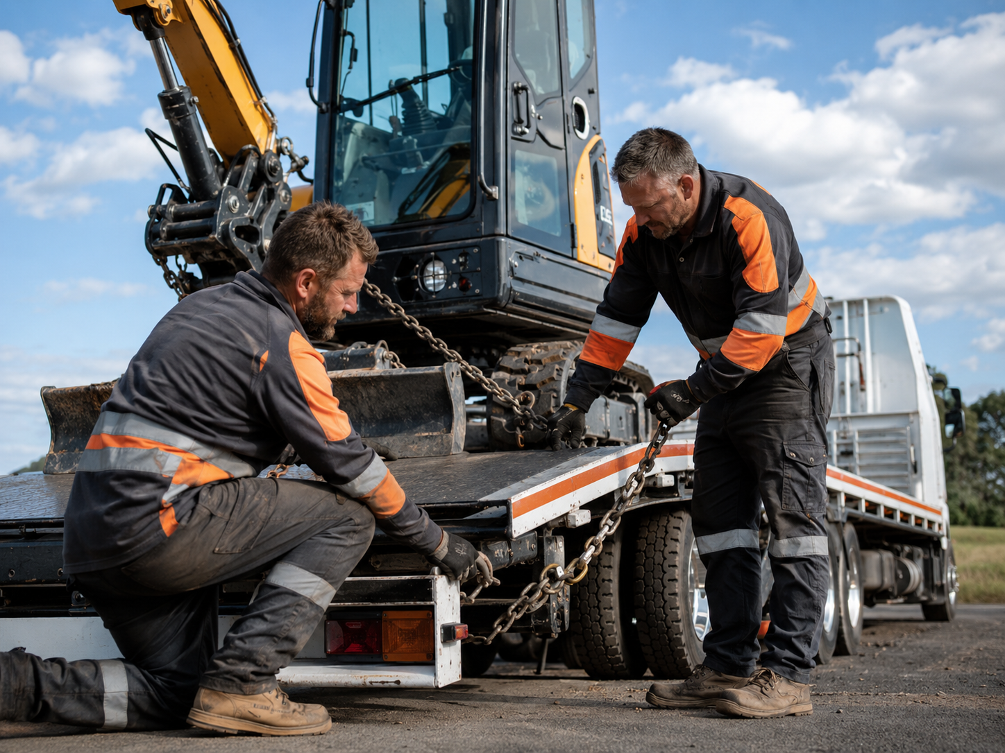 ING Towing team inspecting machinery tie-down equipment.
