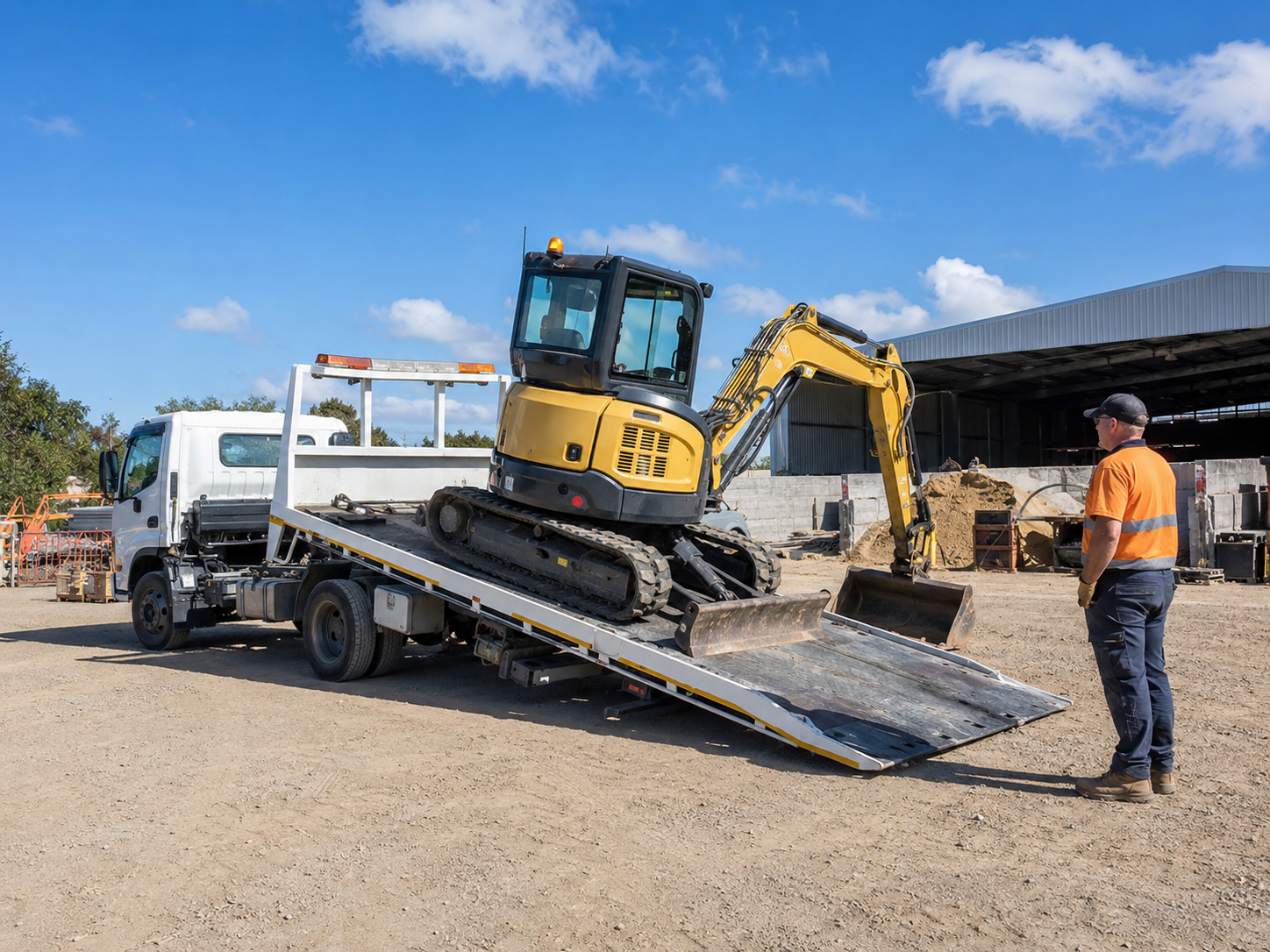 Tilt tray loading a compact excavator.