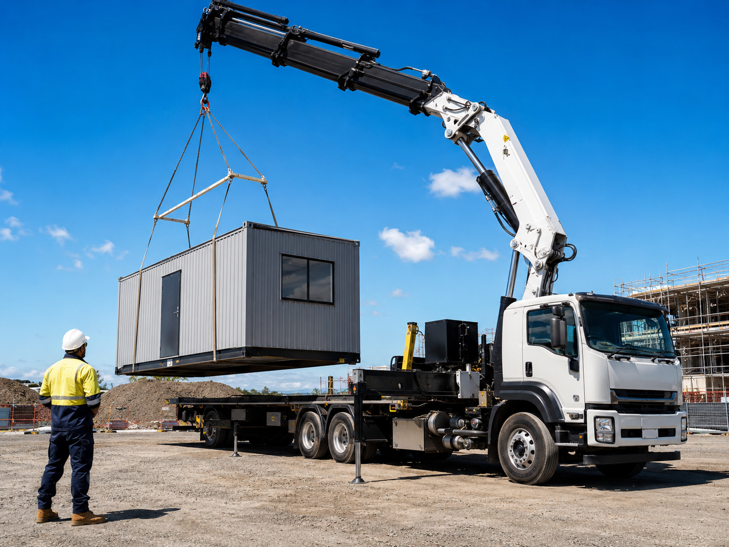 Crane truck lifting a site shed.