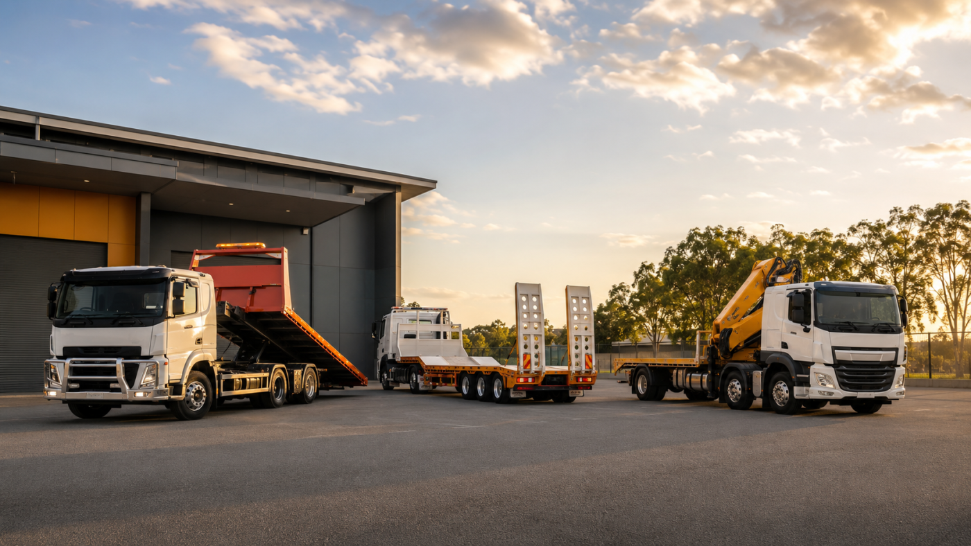 ING Towing machinery transport fleet assembled in an industrial yard.
