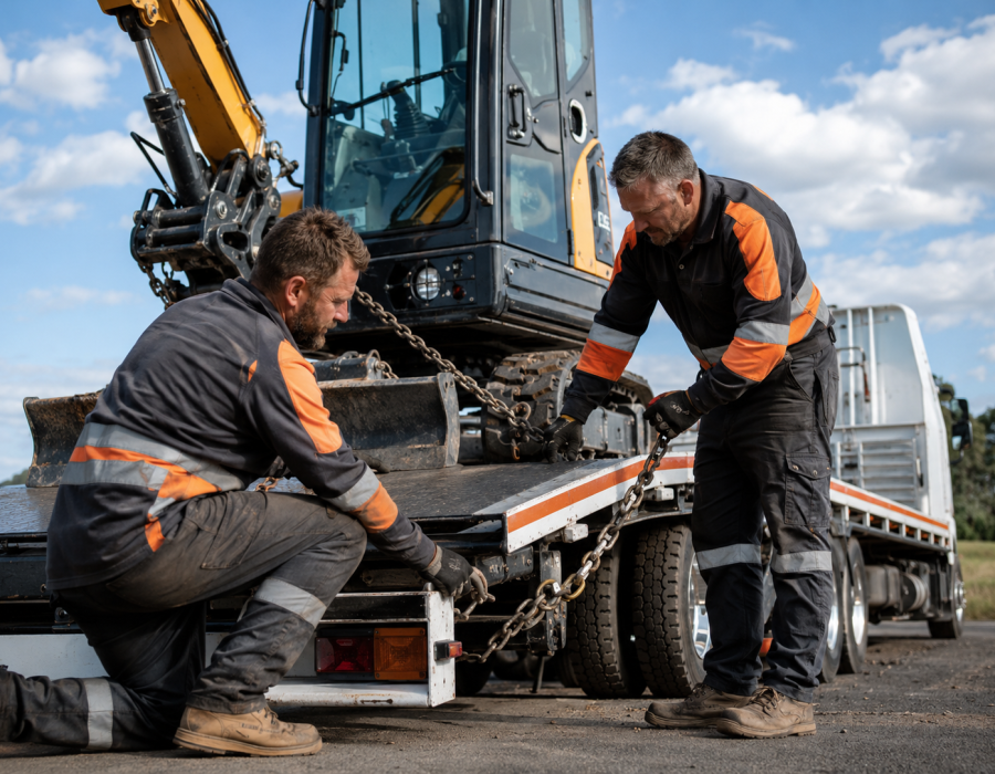 ING Towing team inspecting machinery tie-down equipment.