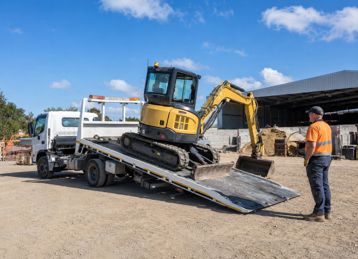 Tilt tray truck loading a compact excavator.