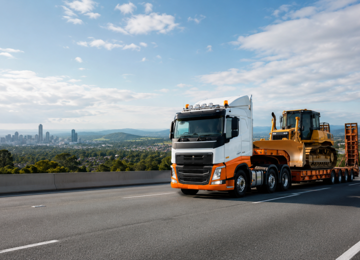 Low loader transporting heavy machinery in Southeast Queensland.