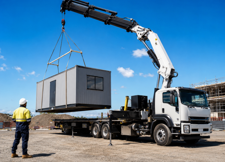 Crane truck lifting a portable site shed.