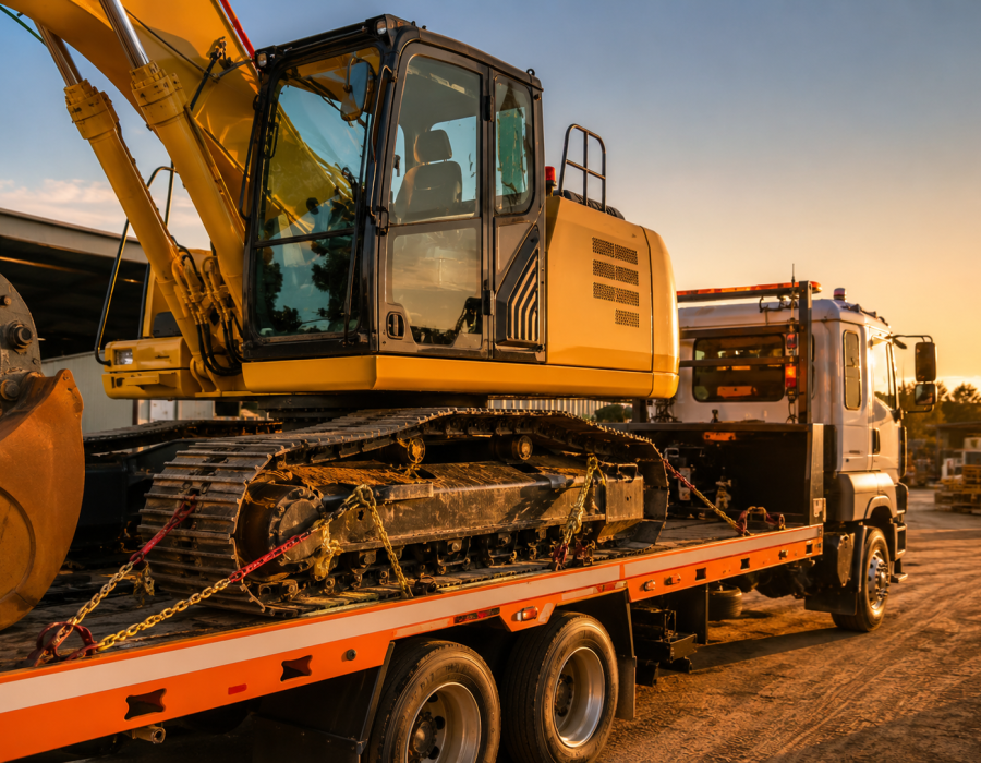 Excavator secured for transport on an ING Towing truck.