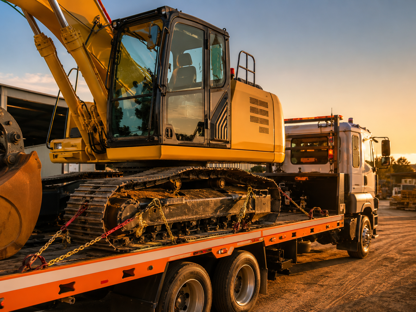 Excavator secured for transport on an ING Towing truck.