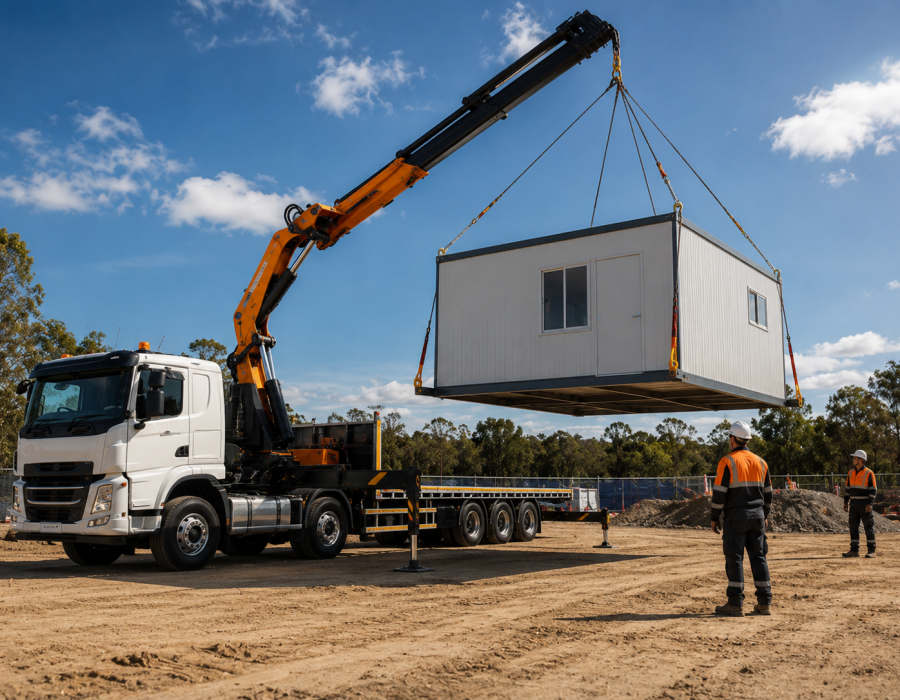 Crane truck delivering a portable site shed.