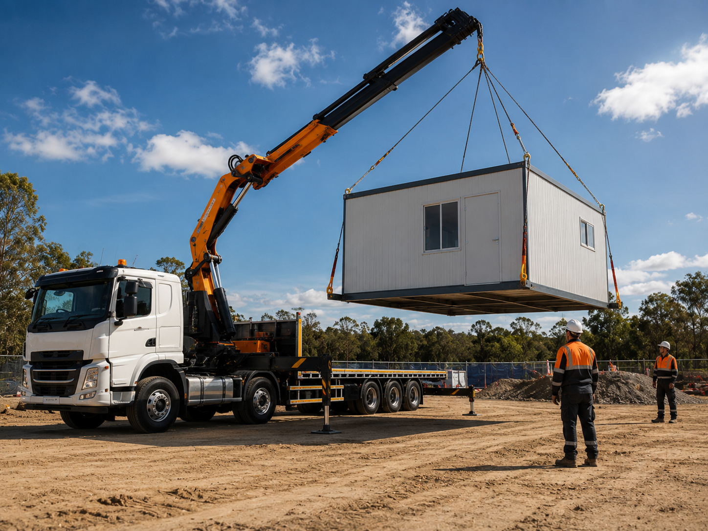 Crane truck delivering a portable site shed.