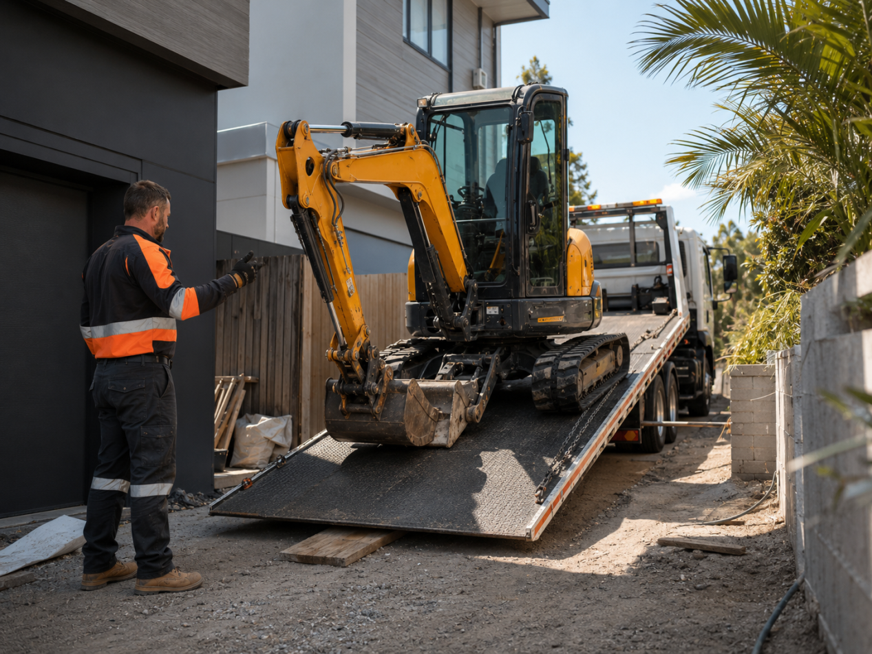 Compact excavator delivered to a tight-access construction site.