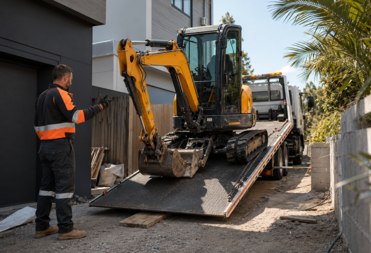 Compact excavator delivered to a tight-access construction site.